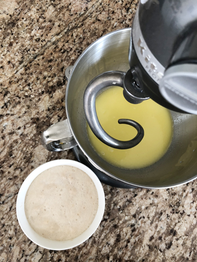 liquid ingredients in Kitchen Aid mixing bowl