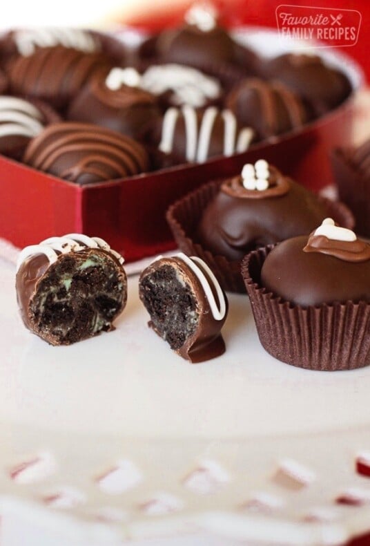 A red heart box filled with Oreo truffles