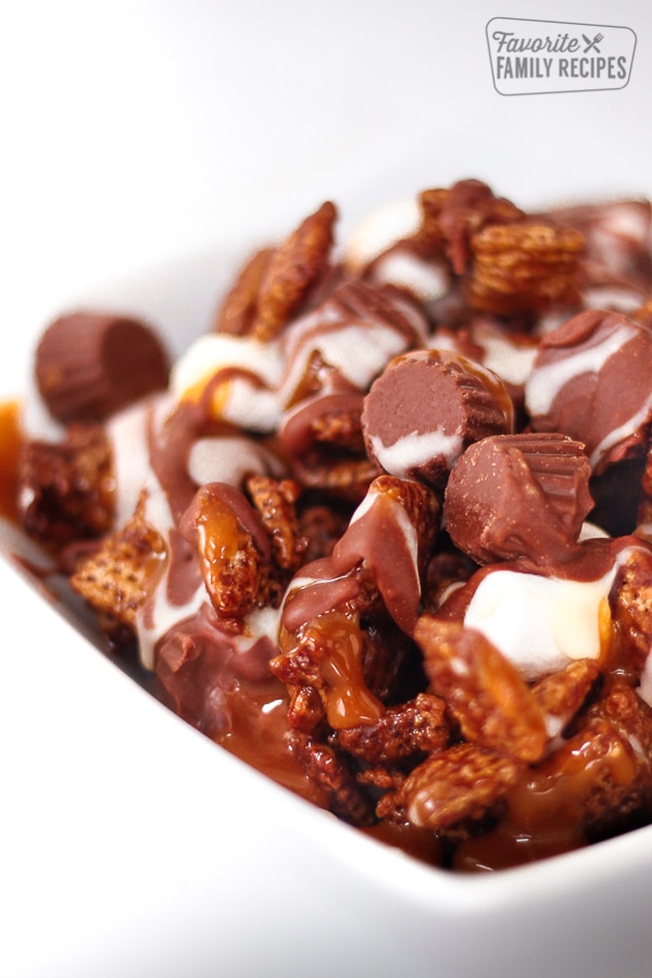 Sweet Chex Mix recipe in a white Bowl