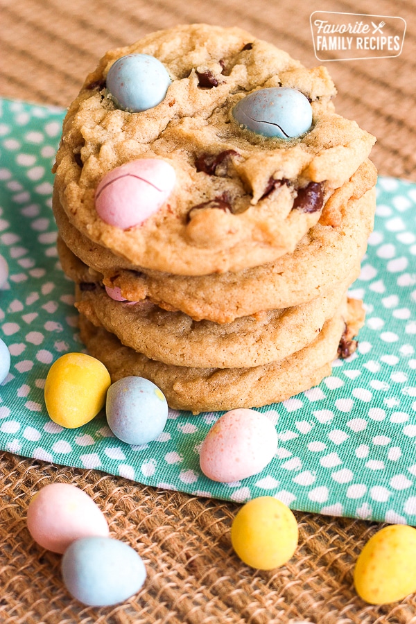 Cadbury Egg Cookies stacked on top of each other.