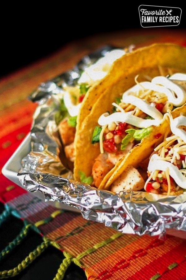 Chipotles Crispy Chicken Tacos in a foil bowl.