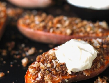 Coconut Pecan Sweet Potato Halves with a Side of Marshmallow Cream