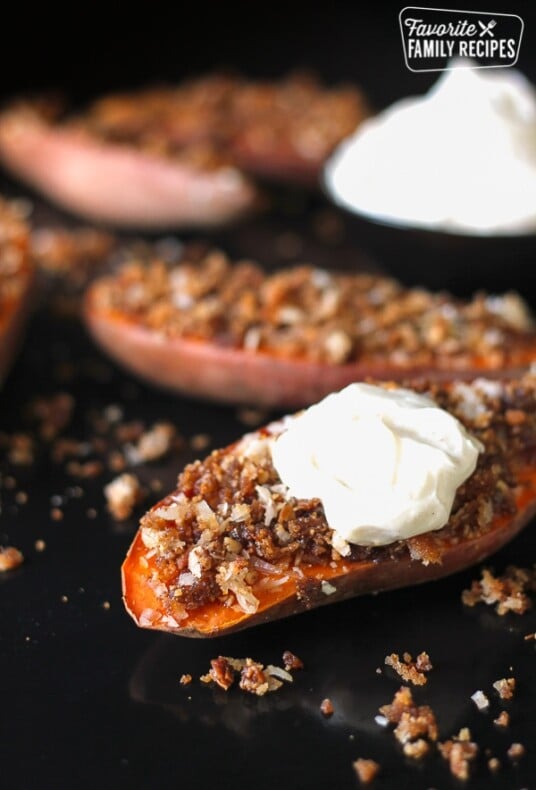 Coconut Pecan Sweet Potato Halves with a Side of Marshmallow Cream