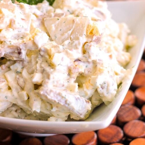 Bacon Gorgonzola Potato Salad in a white bowl.
