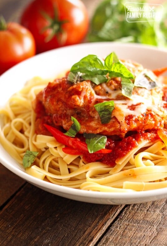 Easy Chicken Cacciatore in a white bowl.