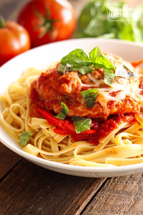 Easy Chicken Cacciatore in a white bowl.