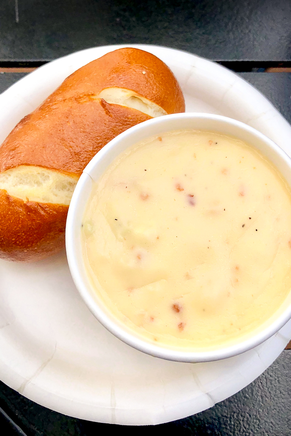 Canadian Cheddar and Bacon Soup with Pretzel Roll from the Canada Global Marketplace at the Epcot Food and Wine Festival.