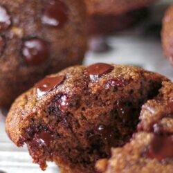 Healthier Double Chocolate Chip Muffins Cut Open