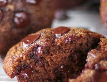 Healthier Double Chocolate Chip Muffins Cut Open