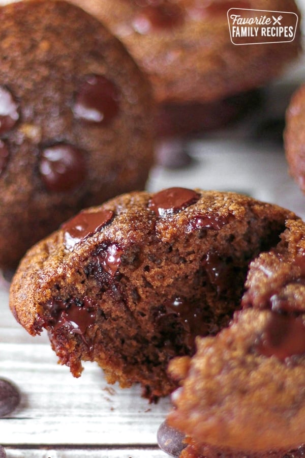 Healthier Double Chocolate Chip Muffins Cut Open.