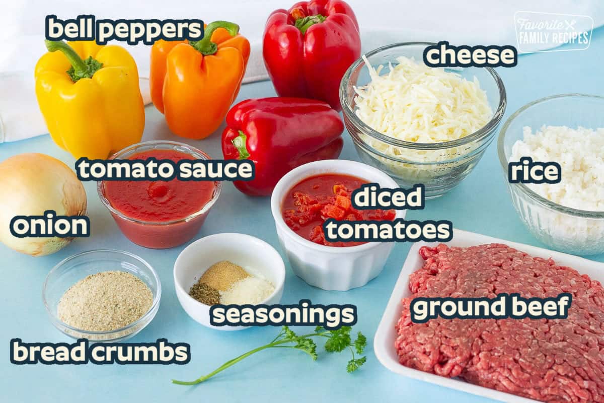 Bell Peppers, onion, cheese, rice, tomatoes, seasoning and bread crumbs to make Instant Pot Stuffed Peppers.