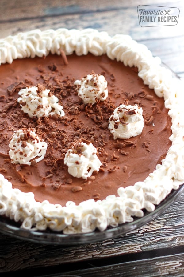 Marie Callender’s Chocolate Satin Pie in a glass dish.