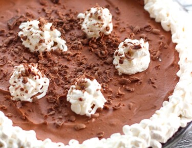 Marie Callender’s Chocolate Satin Pie in a glass dish