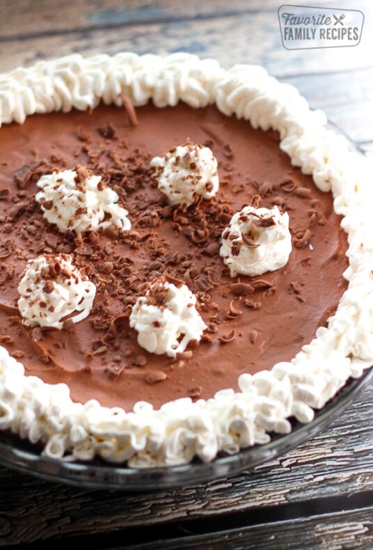 Marie Callender’s Chocolate Satin Pie in a glass dish