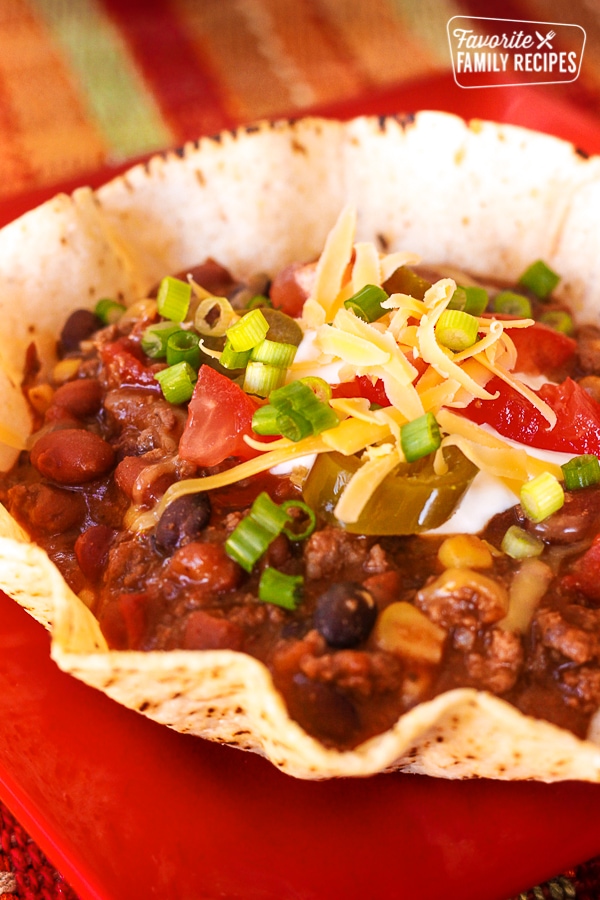Mexican Chili In A Tostada Bowl Favorite Family Recipes