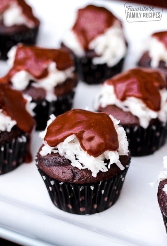 Mounds Cupcakes on a white tray.