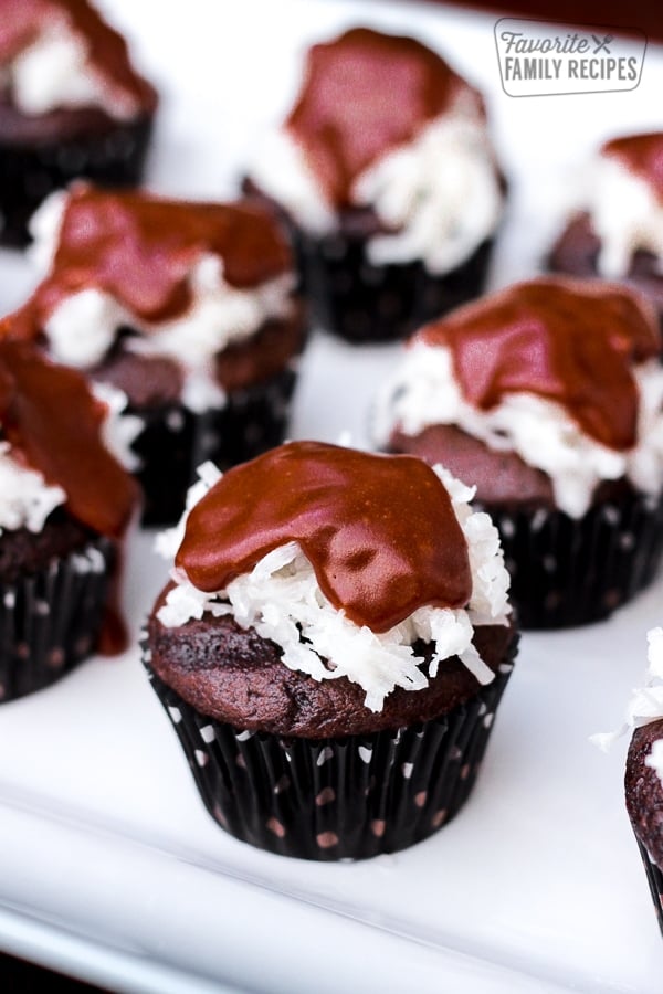 Mounds Cupcakes on a white tray.