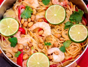 One Pot Thai Peanut Pasta with Shrimp and Lime Slices