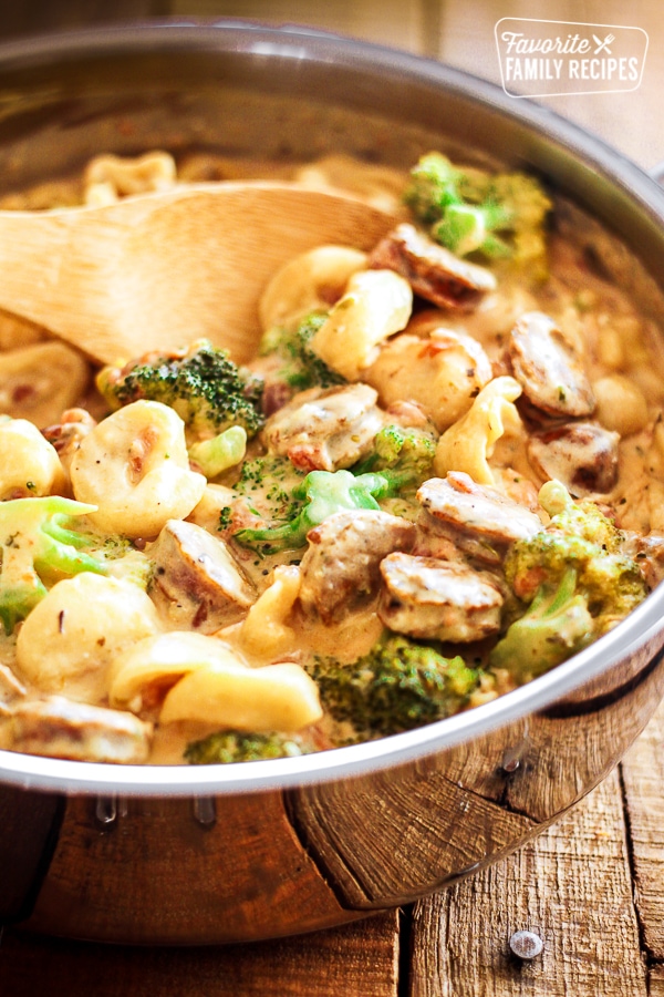 Creamy One Pot Tortellini with Sausage and broccoli.