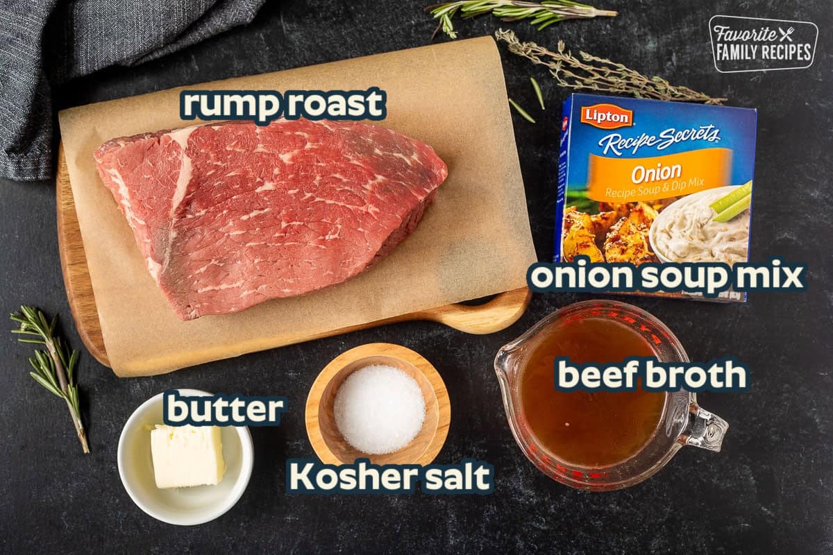 Ingredients to make oven roast beef with beef, onion soup mix, beef broth, salt and butter.