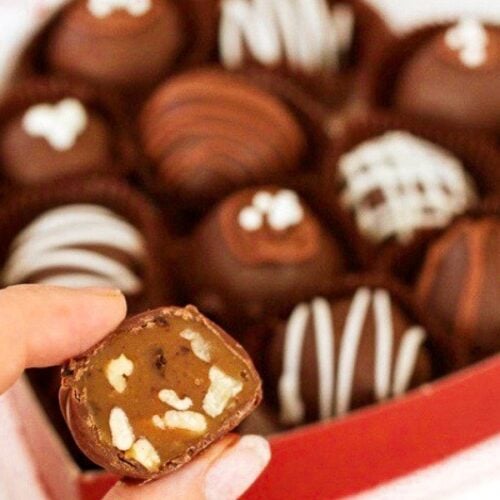 Pecan Turtle Truffles in a heart shaped box