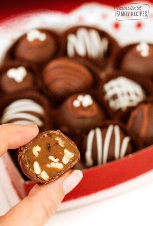 Pecan Turtle Truffles in a heart shaped box