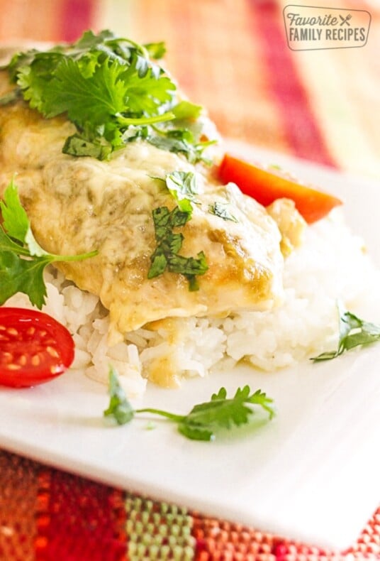 Salsa Verde Chicken over rice served on a plate topped with cilantro and chopped tomatoes