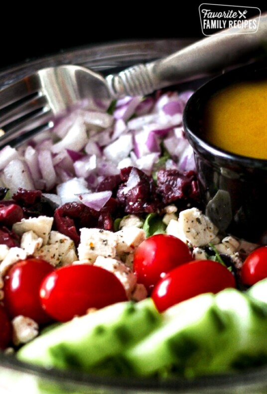 Greek Side Salad with Greek Dressing in a Bowl