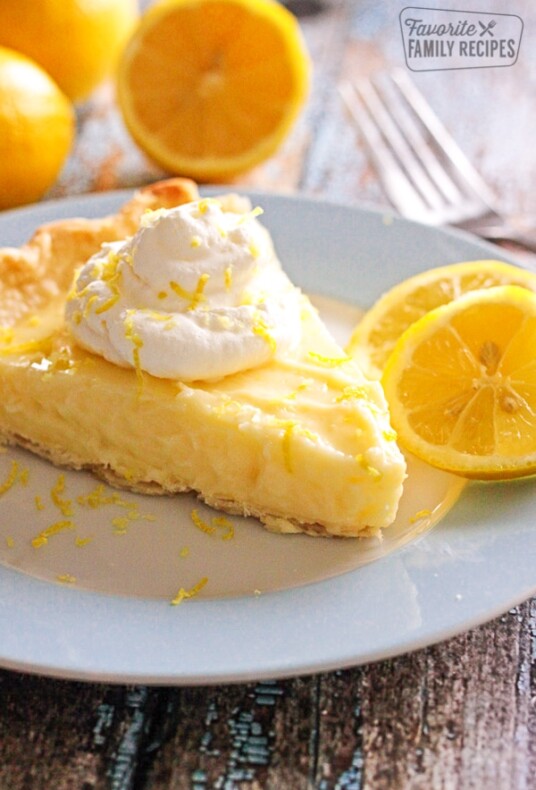 Slice of Sour Cream Lemon Pie on a plate