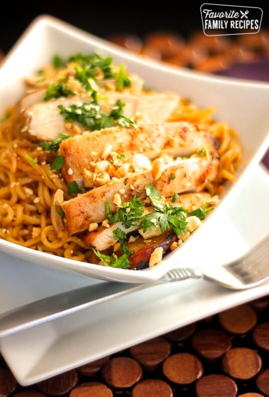 Sweet and Spicy Noodles with Chicken in a Bowl