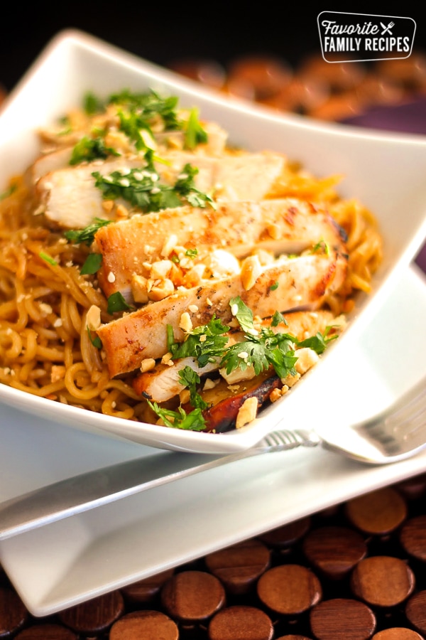 Sweet and Spicy Noodles with Chicken in a Bowl.