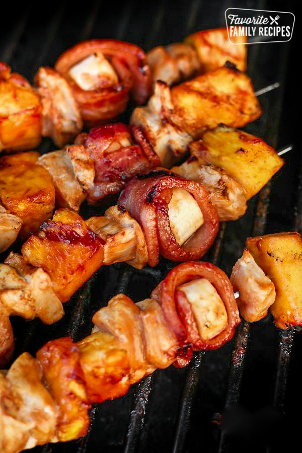 Close up of Grilled Caribbean Shish Kabobs on the Grill