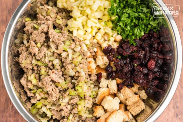 Sausage, cranberries, parsley, apples, bread cubes, and spices in a bowl
