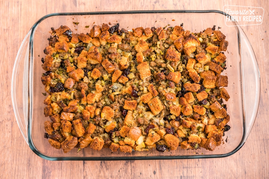 Cranberry Sausage stuffing in a clear 9x13 baking dish