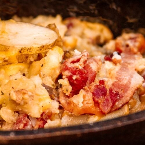 Dutch Oven Potatoes in a dutch oven.