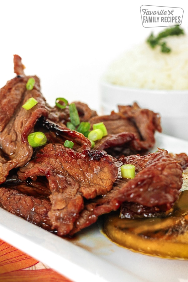 Pieces of Hawaiian Beef Teriyaki on a white tray.