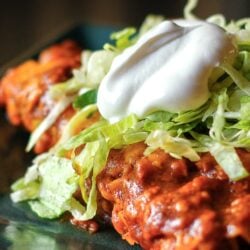 Enchiladas from Scratch topped with lettuce and sour cream on a plate.