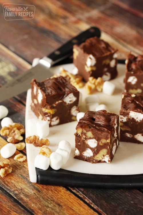 Rocky Road Fudge pieces on cutting board.
