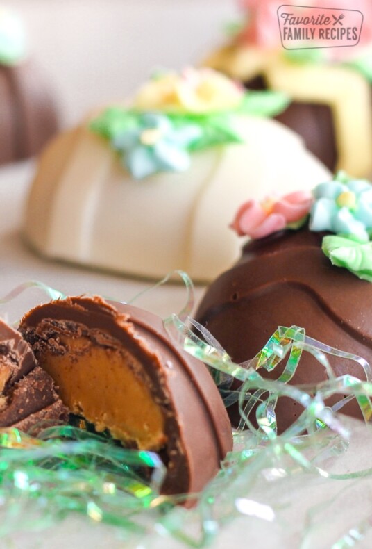 Peanut Butter Easter Eggs topped with frosting flowers
