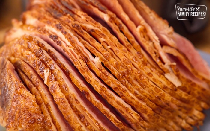 Close up look at slices of a cooked ham