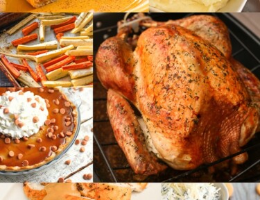 A collage of Thanksgiving Dinner Foods with Pie, Roasted Parsnips, Turkey, Mashed Potatoes, and Gravy