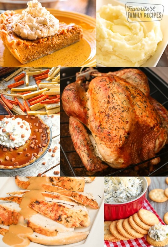 A collage of Thanksgiving Dinner Foods with Pie, Roasted Parsnips, Turkey, Mashed Potatoes, and Gravy