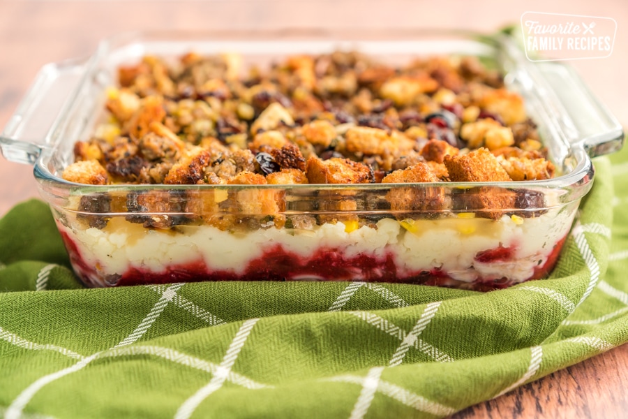 Side view of a casserole in a glass baking dish