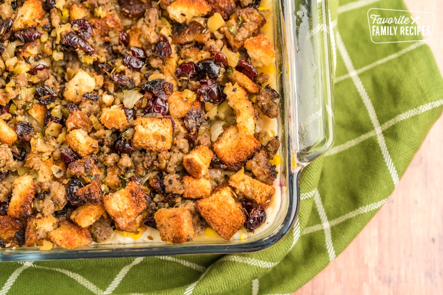 Fully cooked Thanksgiving Leftover Casserole in a glass baking dish
