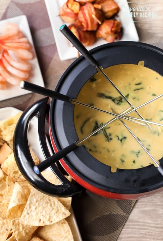 Melting Pot's Spinach Artichoke Fondue in a fondue pot