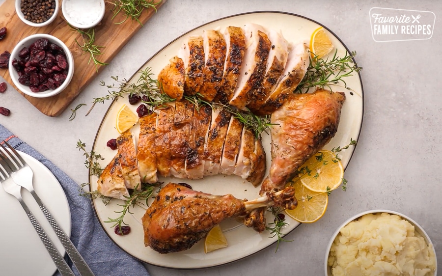 Sliced turkey on a platter.
