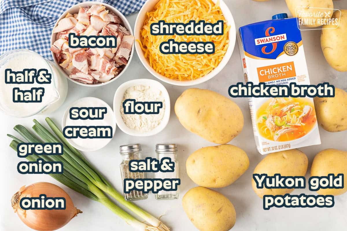 Whether you're looking for a new go-to soup, or just want something creamy and comforting, this Cheesy Potato Soup recipe is sure to satisfy! It is loaded with so much flavor. Ingredients to make Loaded Potato Soup including chicken broth, cheese, bacon, flour, half and half, sour cream, potatoes, onions, salt, pepper and green onions.