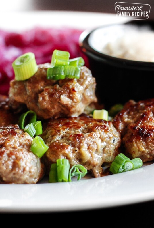 Frikadeller Danish Meatballs sprinkled with green onions served with red cabbage on a white plate