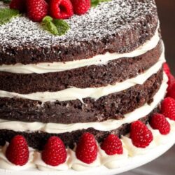 Layered chocolate cake on a cake plate