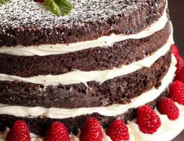 Layered chocolate cake on a cake plate